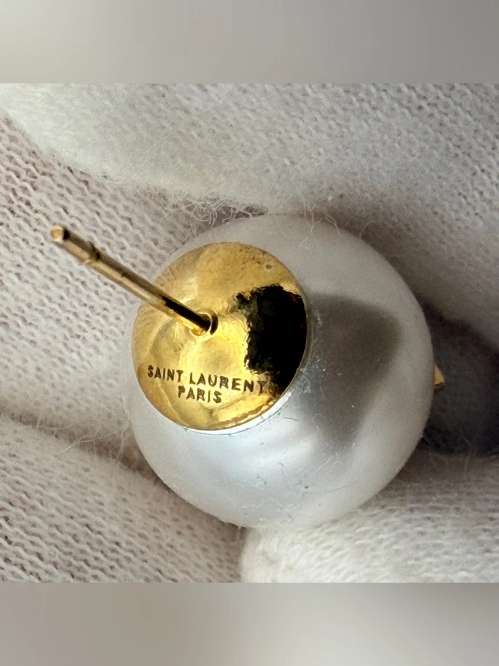Saint Laurent Gold Logo Pearl Cassandra Asymmetrical Stud Earrings YSL Gold Tone